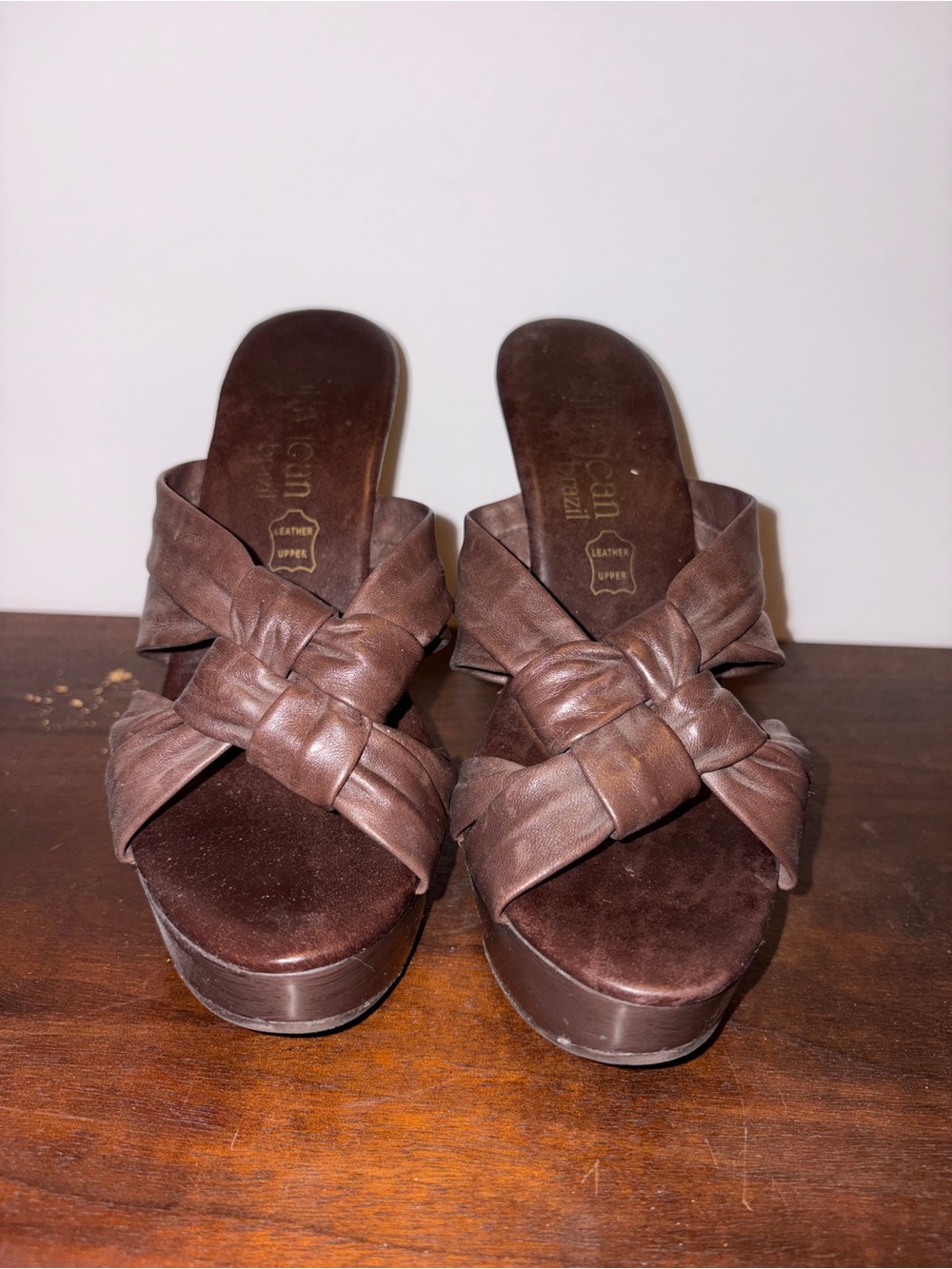 Cathy Jean Brown Knotted Leather Slide Wedge Sandals